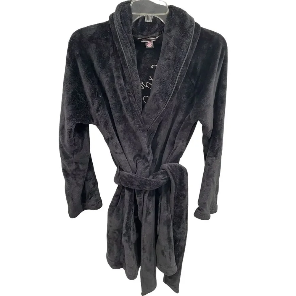 Victoria's Secret Women's Black‎ Plush Velour Knee Length Belted Robe XS